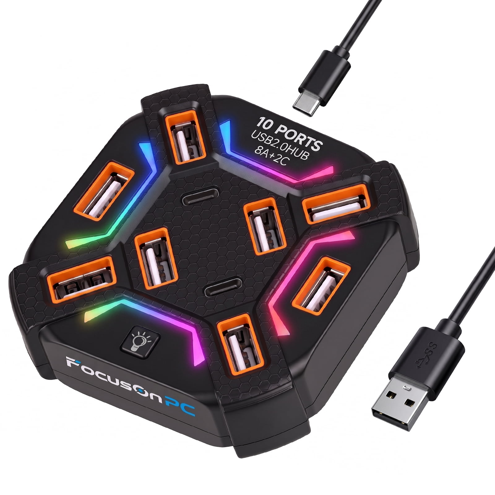 USB 2.0 Hub 10-Port Multi-Port USB Adapter for Laptop/PC with RGB Light ...