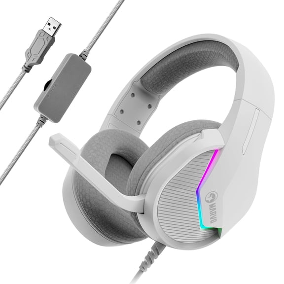 USB 2.0 RGB Gaming Headphones - Fabric Headband & Earpads, 50mm Speakers, Omnidirectional Mic, In-Line Control, 2m Braided Cable for PC Gamers/Online Competitive Gaming/Desktop Setup