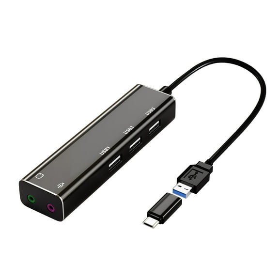 USB 2.1 External Sound Card Hub for Notebooks and PCs - USB Stereo Audio Adapter with Plug, Windows and Mac compatible, Plug and Play (black)