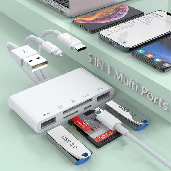 USB 3.0 5 in 1 Hub TF SD Memory Card Reader USB OTG Adapter With Lightning Charging Port For Multi Interfaces Adapter