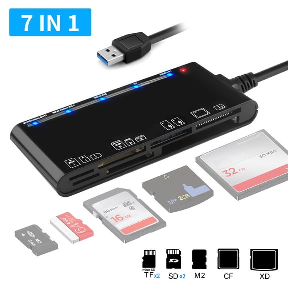 USB 3.0 7-in-1 Memory Card Reader Compact and Travel-Friendly, for PC/Camera