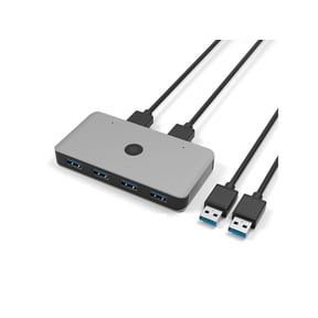 USB 3.0 Aluminum Sharing Switch Selector 4 Port 2 Computers Peripheral Switcher Adapter Hub for PC, Printer, Scanner, Mouse, Keyboard with One Button Swapping and 2 Pack USB 3.0 Male Cable