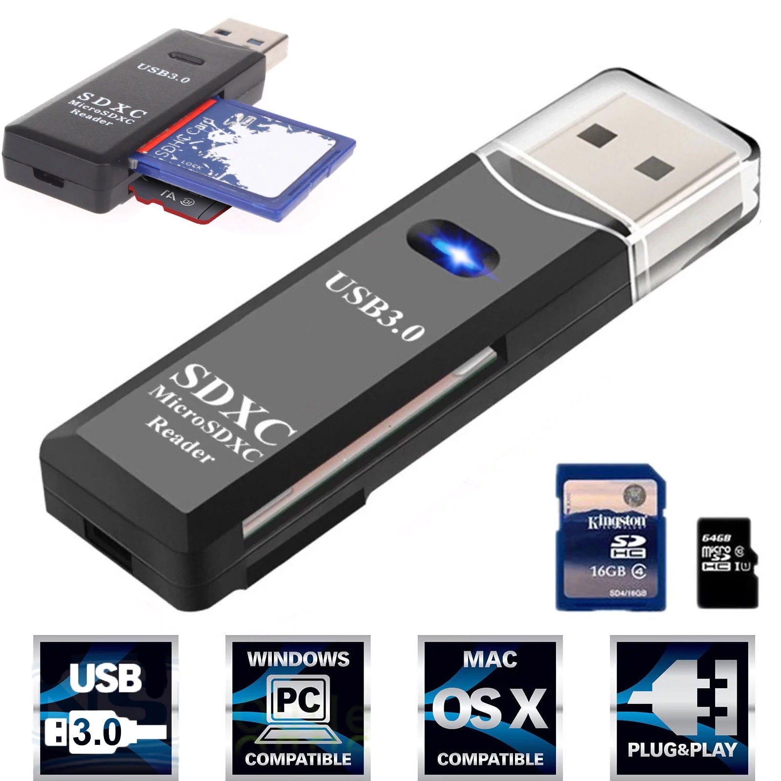 Korst traagheid Beheren USB 3.0 Card Reader, TSV TF Card/SD Memory Reader Adapter Supports SD/Micro  SD/SDHC/SDXC/MMC, Mini Camera Flash Reader Compatible with Windows, Mac,  Linux - Walmart.com