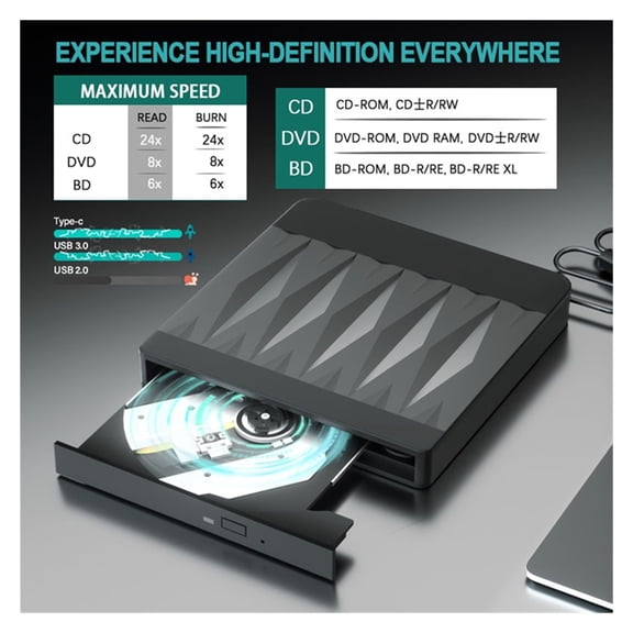 USB 3.0 External BD/DVD/CD RW Drive Optical Burner Player Writer Reader Portable