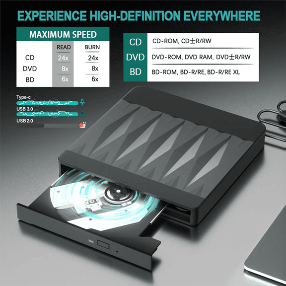 USB 3.0 External BD/DVD/CD RW Blu-ray Drive Optical Burner Player Writer Reader Portable