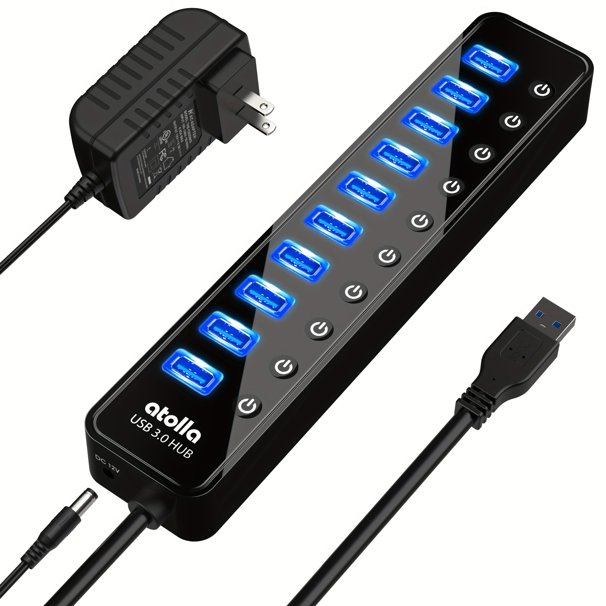 USB 3.0 Hub, 10-Port USB Data Hub Splitter With Separate On/Off Switch And Power Adapter USB Extender For Mouse, Keyboard, Hard Drive Or More USB Devices