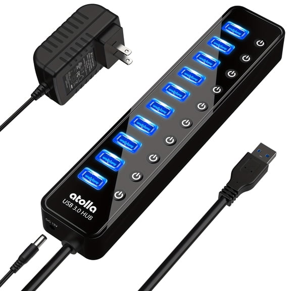 USB 3.0 Hub, 10-Port USB Data Hub Splitter With Separate On/Off Switch And Power Adapter USB Extender For Mouse, Keyboard, Hard Drive Or More USB Devices