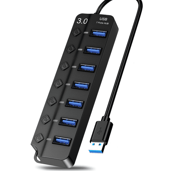 USB 3.0 Hub, 7-Port USB Hub Splitter,USB Extender Hub with Individual Switches for Laptop,PC Computer