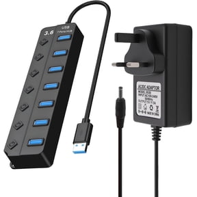 USB 3.0 Hub Powered 7-Port Splitter SuperSpeed Multi USB Hub with 5V3A Power Supply Adapter Individual On/Off Switch and Lights Extension High-Speed Data for Apple Air MacBook Pro Mac Windows