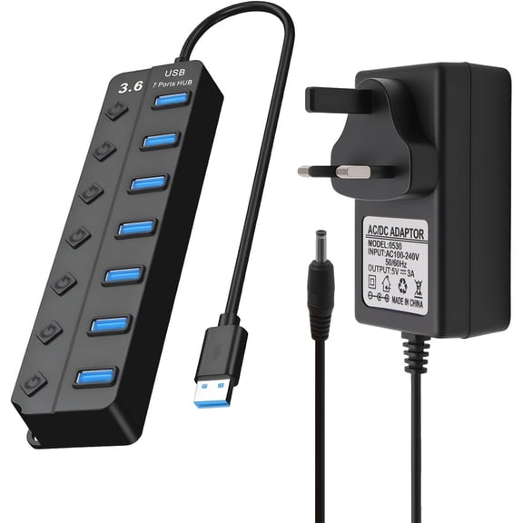 USB 3.0 Hub Powered 7-Port Splitter SuperSpeed Multi USB Hub with 5V3A Power Supply Adapter Individual On/Off Switch and Lights Extension High-Speed Data for Apple Air MacBook Pro Mac Windows