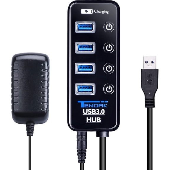 USB 3.0 Hub - with 4 Data Ports + 1 Smart Charging Port and Power Supply Adapter Individual On/Off es for , Mac Pro, HDD
