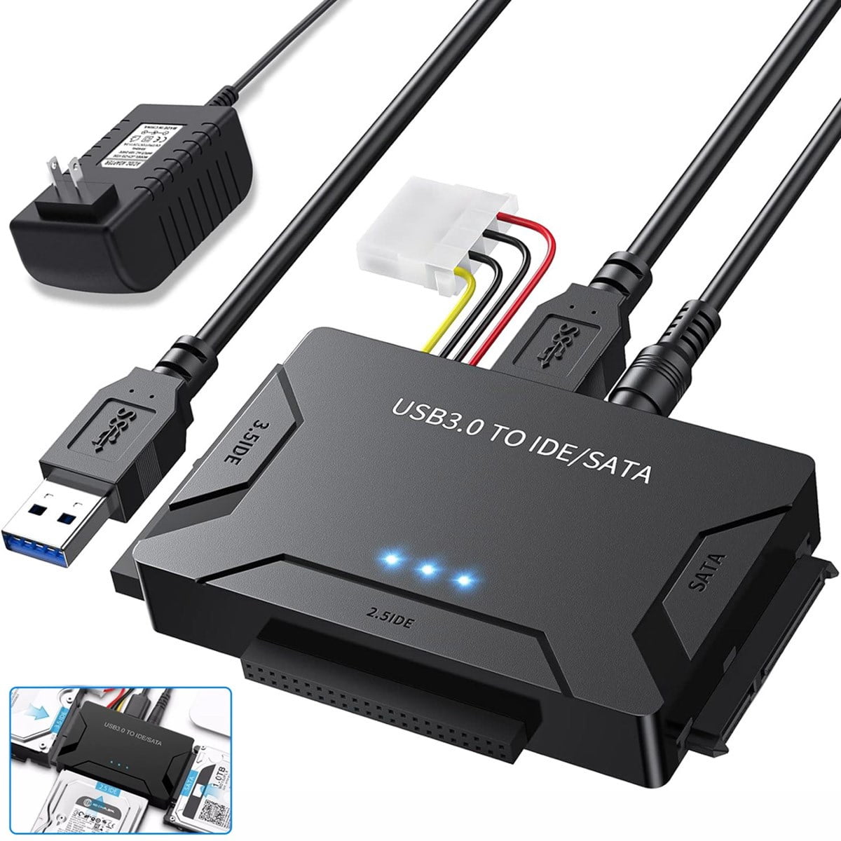 USB 3.0 to IDE SATA Converter Adapter Kit for 2.5″ & 3.5″ HDD SSD Hard Drives with Power Supply, Switch Function, Data Transfer Cable for PC Laptop Desktop Universal