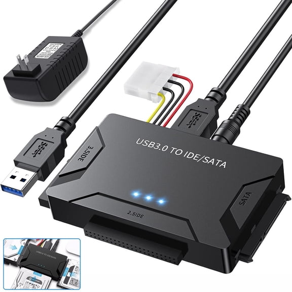 USB 3.0 to IDE SATA Converter Adapter Kit for 2.5 & 3.5 HDD SSD Hard Drives with Power Supply, Switch Function, Data Transfer Cable for PC Laptop Desktop Universal