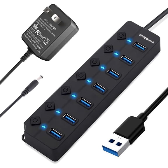 USB 3.0 Splitter, 7-Port Hub with Individual Power es and Lights, Portable Expansion Data 5V/2A Adapter for Windows 10, 8.1, 8, 7, Vista, XP, Linux, Mac OS X