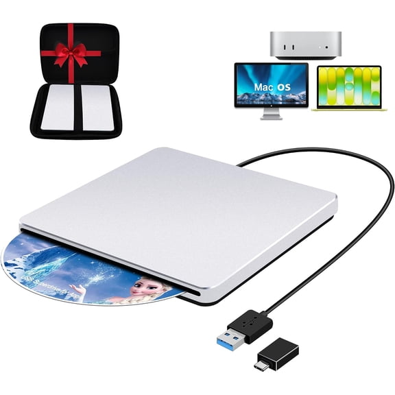 USB 3.0 Superdrive for Apple: External CD Drive for Mac MacBook Plug & Play Portable DVD Player Burner for Laptop PC Windows with USB-C Adapter/Carrying Case - Aluminum Silver
