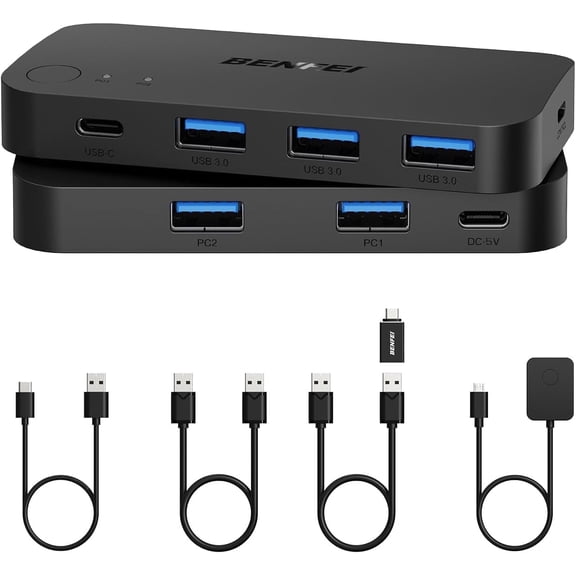 Benfei usb 3.0 switch, 2 computers share 3*usb 3.0 & 1*usb c with remote control for pc mouse keyboard printer scanner, usb kvm switch selector compatible with windows, mac, linux