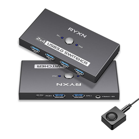 USB 3.0 Switcher 2 Computers, USB-A & USB-C Switch Selector 2 PC Share 4 USB Devices, with Desktop Controller & USB 3.0 Cable