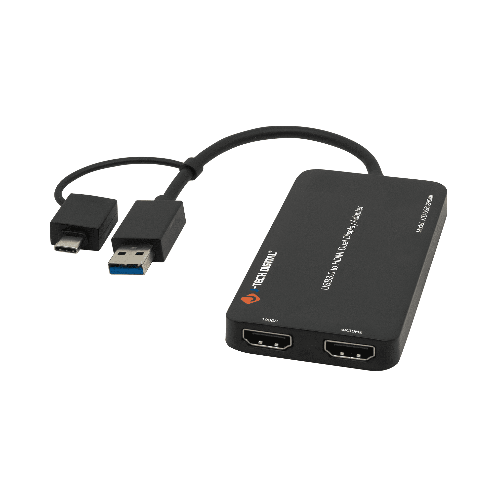 USB 3.0 (Type A/C) to Dual HDMI 4K 30Hz & 108P 60Hz Display Adapter | Features USB-A or USB-C Inputs, USB Powered, Mirror, Extend, Rotation, Clamshell Modes by J-Tech Digital [JTD-USB-2HDMI]