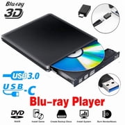 USB 3.0/USB-C External Blu-Ray DVD/BD/CD Drive, Portable Ultra-Thin 3D Blu-ray Player/Writer/Burner for The MacBook Pro Air, Apple Mac and So On Various Brand Computer Desktop, Laptop, Black
