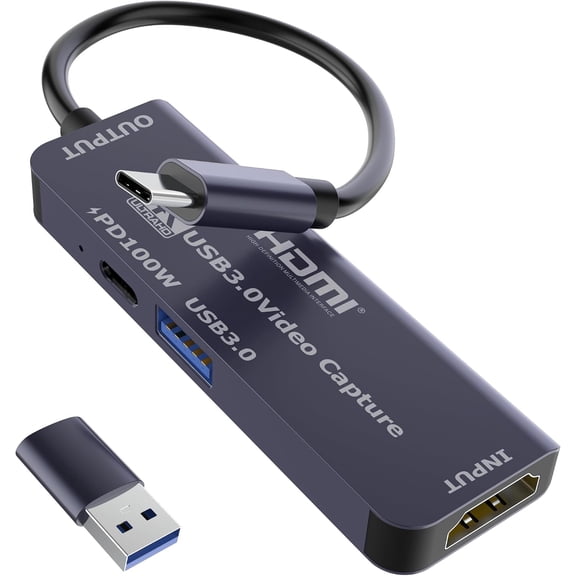 USB 3.0 Video Capture Card with PD 100W, Recording 4K, 1080P 60FPS, HDMI to USB-A/USB-C Capture Card with USB 3.0 Port for Quest 3, Switch, PS5/4, Camera, Xbox, Tablet PC