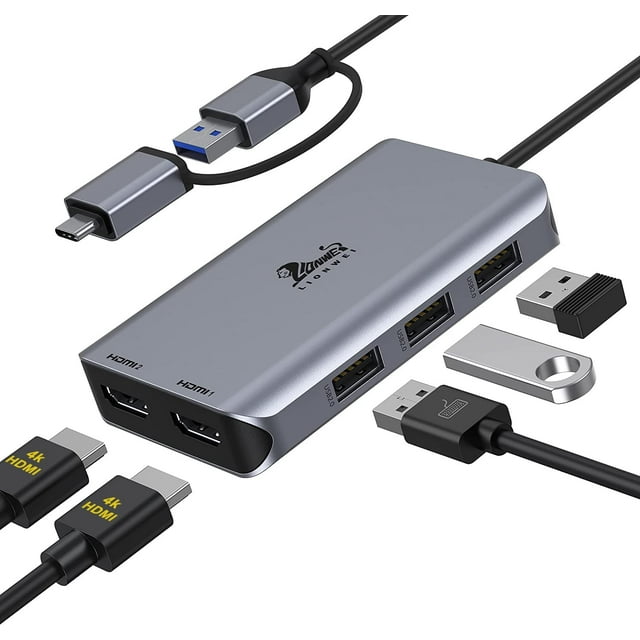 USB 3.0 to Dual HDMI Docking Station for Windows & macOS, USB C Adapter