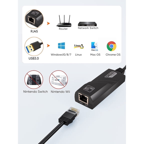USB 3.0 to RJ45 Gigabit Ethernet Network Adapter Wired External LAN Converter,Black-B