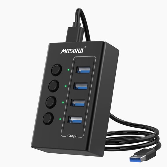 USB 3.2 Hub, 4 Ports USB Hub Multiport Adapter with 4×10Gbps Data Ports, Independent Switch, Aluminum Multi USB Port Extender Hub for Laptop,PC,Desktop,Printer,Camera,Keyboard and More