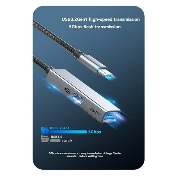 USB 3.2 Type-C HUB 5Gbps 60W PD Charging, OTG Adapter, - High-Speed USB to Type-C Converter Gray