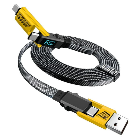 USB 65W 4-in-1 fast charging cable 6.6FT with LED display, multi-charger for all devices, yellow 1.5 meters