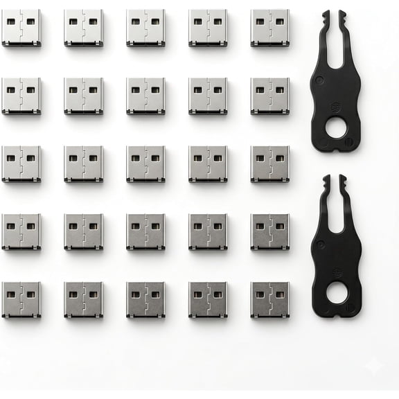 USB-A Port Blocker 25-Pack with Keys, Two-Point Lock System, Zinc Alloy Metal Locks Prevent Unauthorized Access and Data Theft, High Security for Laptops, Desktops, Workstations, Black