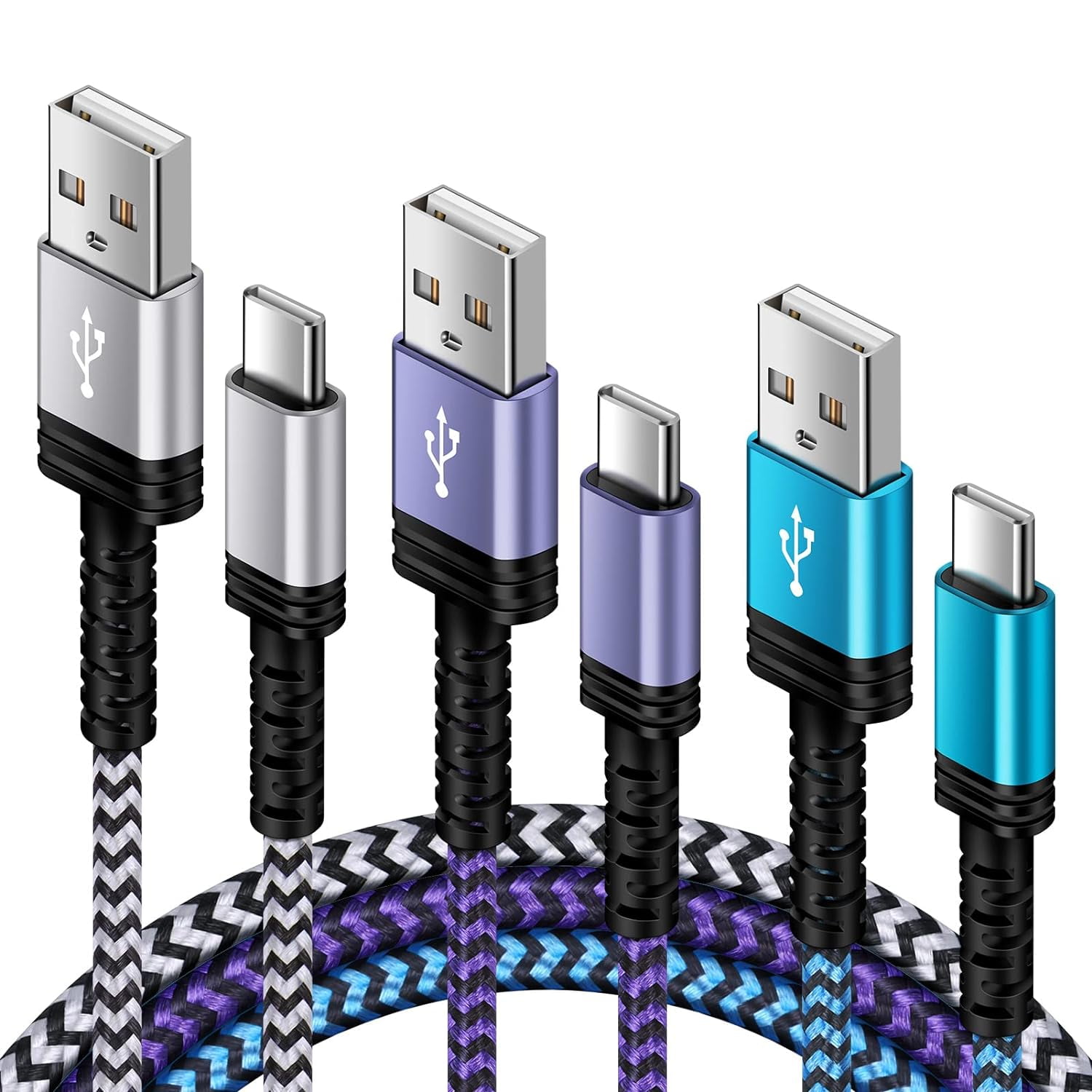 USBA to USB C Charger Braided Cord 3Pack 3/6/10FT Long USB A to Type C