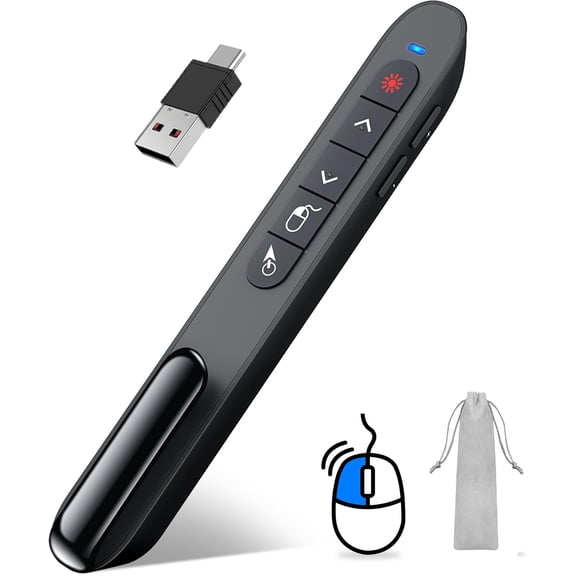 USB-A and USB-C Presentation Clicker with Air Mouse Control, Rechargeable Wireless Presenter Remote PPT Pointer RF 2.4GZ PowerPoint Clicker Slide Advancer for Mac Computer Laptop
