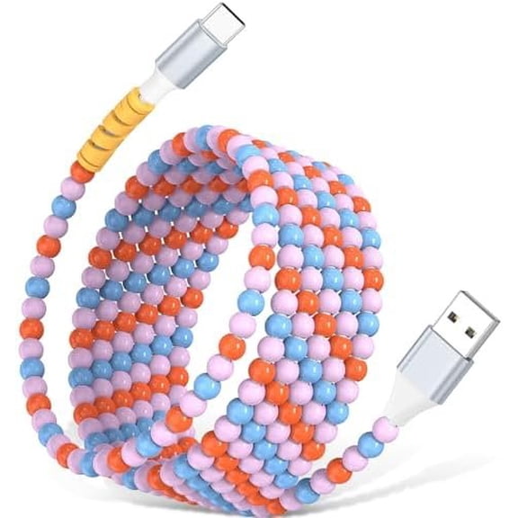 USB A to USB C 6ft Beaded Charger Cord for | Cute Charger Type C Cord for 17 16 Pro 15/ S26 S25 S24/Android Phone Girls Women,Blue-Orange