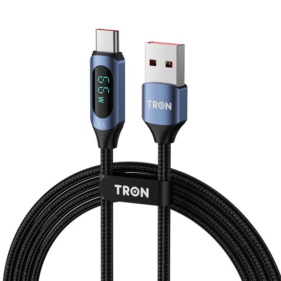 TRON 66W USB-A to USB-C Cable, 6A Super Fast Charging Cord with LED Power Display, Braided Nylon, for Android Phones, Tablets, and iPhone 16 15, Charge and Data Sync up to 480Mbps for Files