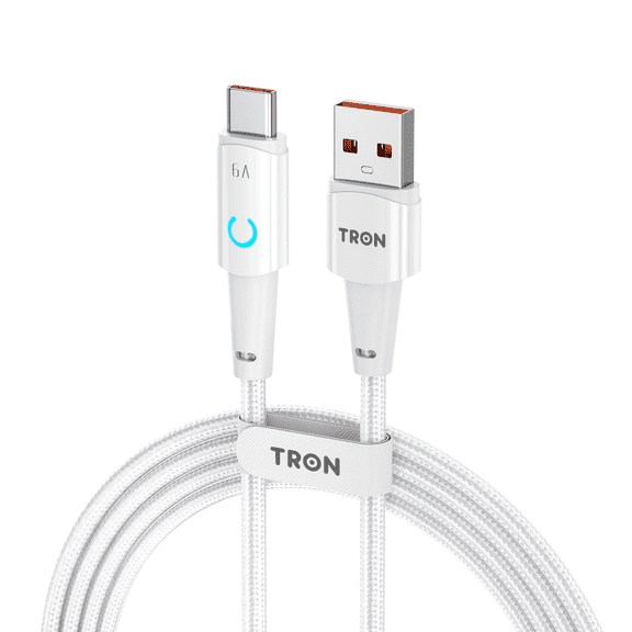 TRON USB C Cable 6FT White, 6A 66W Super Fast Charging USB-A to USB-C Nylon Braided Cord with LED Light for iPhone 16 15 Pro Max Plus, Android Phones, Tablet, 480Mbps Data Sync, Durable