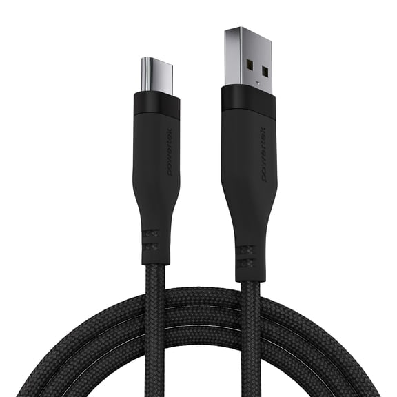 Powertek Premium Braided USB-A to USB-C Cable 6ft Black, Fast Charging Type-C Cable Tested for 50,000 Bends for iPhone 15 and Newer, Galaxy, Tablets & USB-C Devices