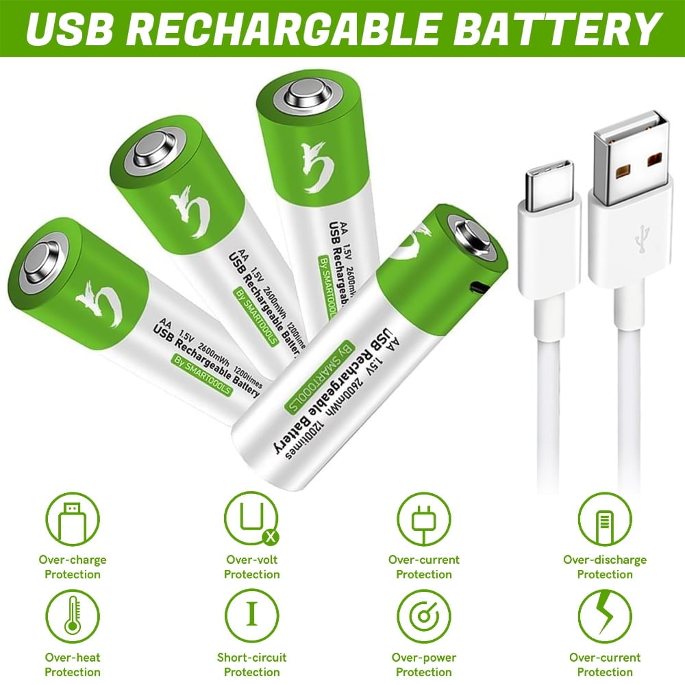 USB AA Lithium ion Rechargeable AA Battery, High Capacity 1.5V 2600mWh, 1.5 H Fast Charge, 4