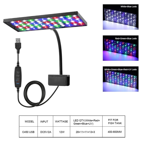 USB Aquarium LED Light, Full Spectrum Fish Tank Plant Grow Lamp, Clip On Adjustable Brightness No Flicker Lighting 9W/12W
