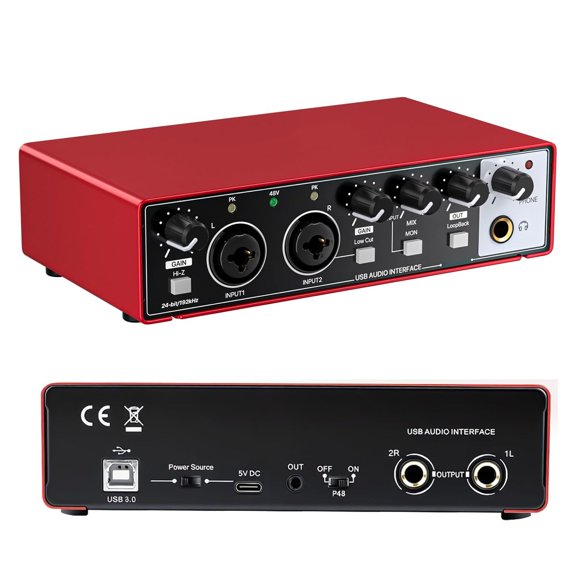 USB Audio Interface 24Bit/192kHz High-Resolution Sound Card, Metallic Red, for Music Recording, Studio, Guitar, Podcast, Streaming, Supports PC and Mac