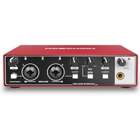 USB Audio Interface for Beginners - 24Bit/192kHz, 48V Phantom Power, Plug & Play Recording for Podcast/Vocals/Guitar/Youtube, PC/Mac/iOS Compatible (New Red Metal)$$Music