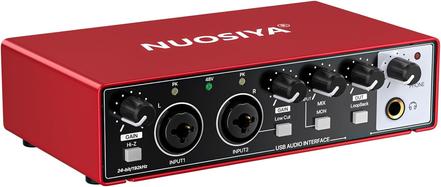 USB Audio Interface for PC Computer Recording Music, Red 2x2 Guitar Audio Interface for Mac