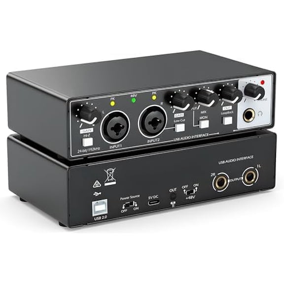 USB Audio Interface for PC Recording, 24-bit/192kHz Computer Audio Interface for Recording Music, 48V Phantom Power Music Recording Studio Equipment, for Home Studio Guitar Podcast Streaming$$Music