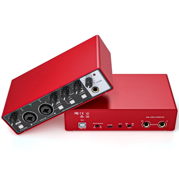 USB Audio Interface 24Bit/192kHz High-Resolution Sound Card for Music Recording, Studio, Guitar, Podcast, Streaming, Compatible with PC and Mac, Metallic Red