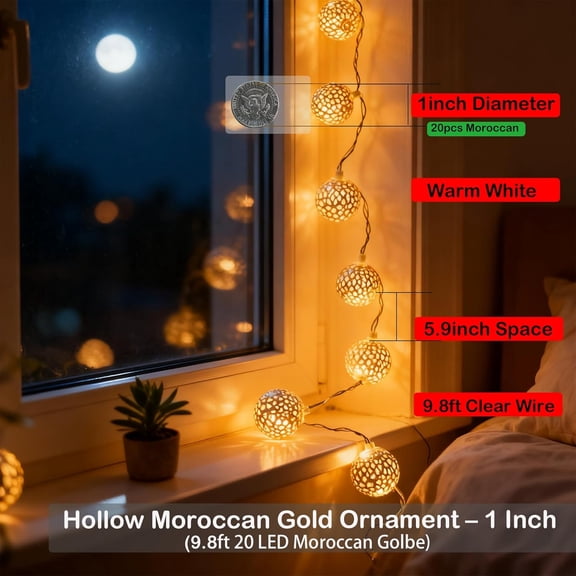 USB & Battery Operated Pattern Lanterns String Lights, Decorative Fairy Boho Light for Home Bedroom, 9.8ft 20 LED Gold Moroccan Globe Diwali Decoration for Christmas Birthday Party (Warm White)