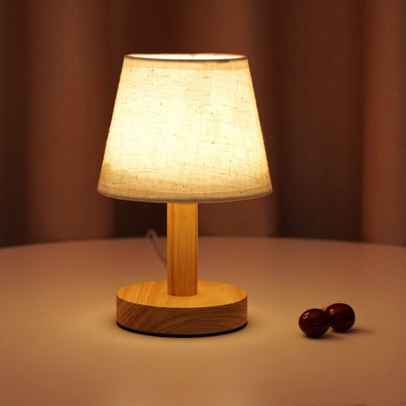 USB Bedside Table Lamp with Solid Wood Base and Fabric Shade, Small LED Night Light for Bedroom, Dorm Desk, Room, Mood Lighting