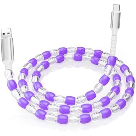 USB C  3.3FT USB to USB C  60W Type C Charger   Cord for Women Girls Light up Purple Beaded  Cord Compatible with  17 16 15 Pro Max, iPad, Galaxy S25 S24