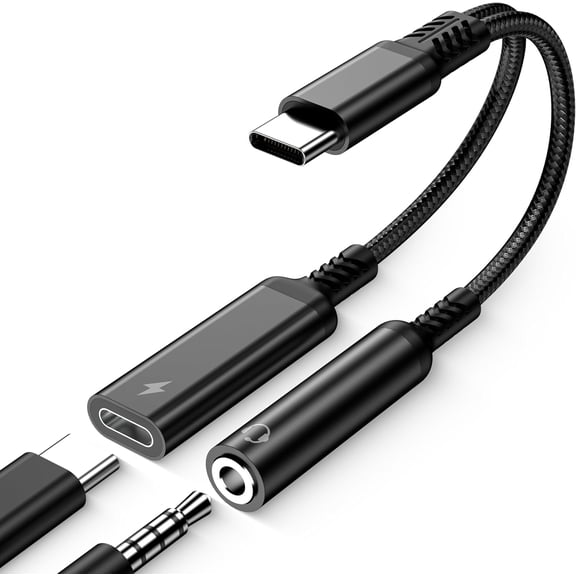 USB C to 3.5mm Audio Adapter and Charger, 2-in-1 Type C to Aux Headphone Jack with PD 60W Fast Charging, Hi-Res DAC Dongle for iPhone 17/16/15, Galaxy S24/S23, Pixel, iPad Pro (Black)