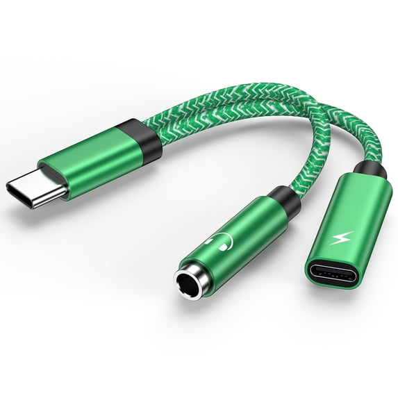 USB C to 3.5mm Headphone Adapter,2-in-1 Type C to Aux Audio Jack with PD 60W Fast Charging Dongle Cable USB C to Aux Adapter Fast Charging Dongle Cable for iPhone 15 Android,Samsung,Green