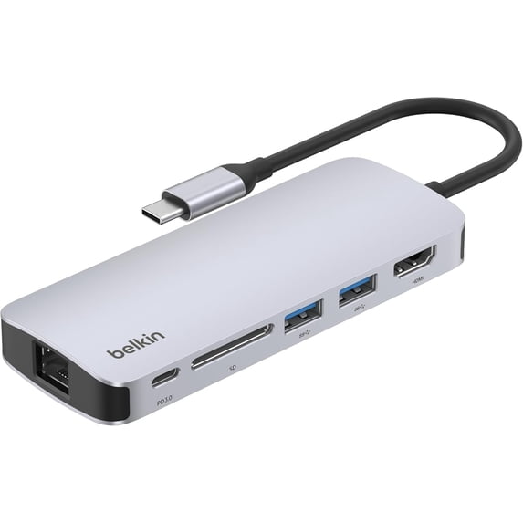 Belkin USB-C Hub - 6-in-1 Multi-Port Adapter Dock with 4K HDMI, USB-C 100W PD Pass-Through Charging, 2X USB-A Ports, Gigabit Ethernet Ports, and SD Slot for MacBook Pro, Air, iPad, Pro, XPS and More