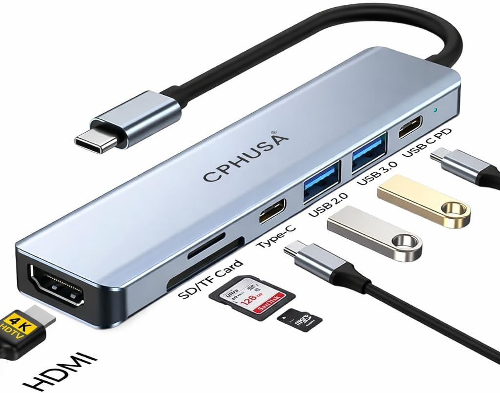 USB C 7-in-1 for MacBook Pro/Air, Multiport Adapter with 4K HDMI, 100W PD Charging, USB 3.0, USB 2.0, SD/TF Card Reader – USB-C Docking Station for MacBook, Chromebook, Dell, HP & Type-C Devices